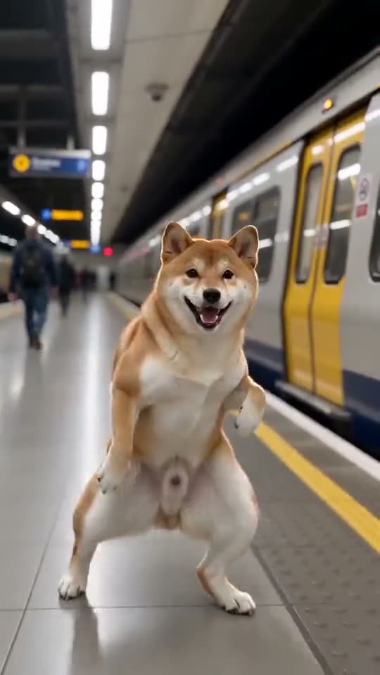 A Shiba Inu dances on its hind legs on the metro platform